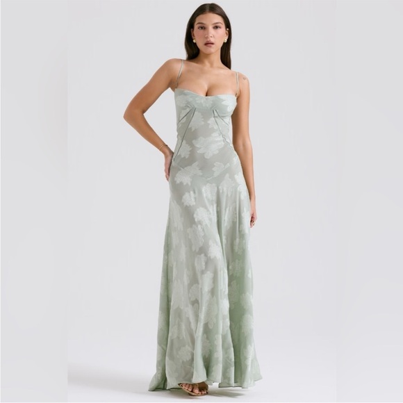 HOUSE OF CB Seren Sheer Lace Up Back Gown in Aqua XS - Picture 1 of 3